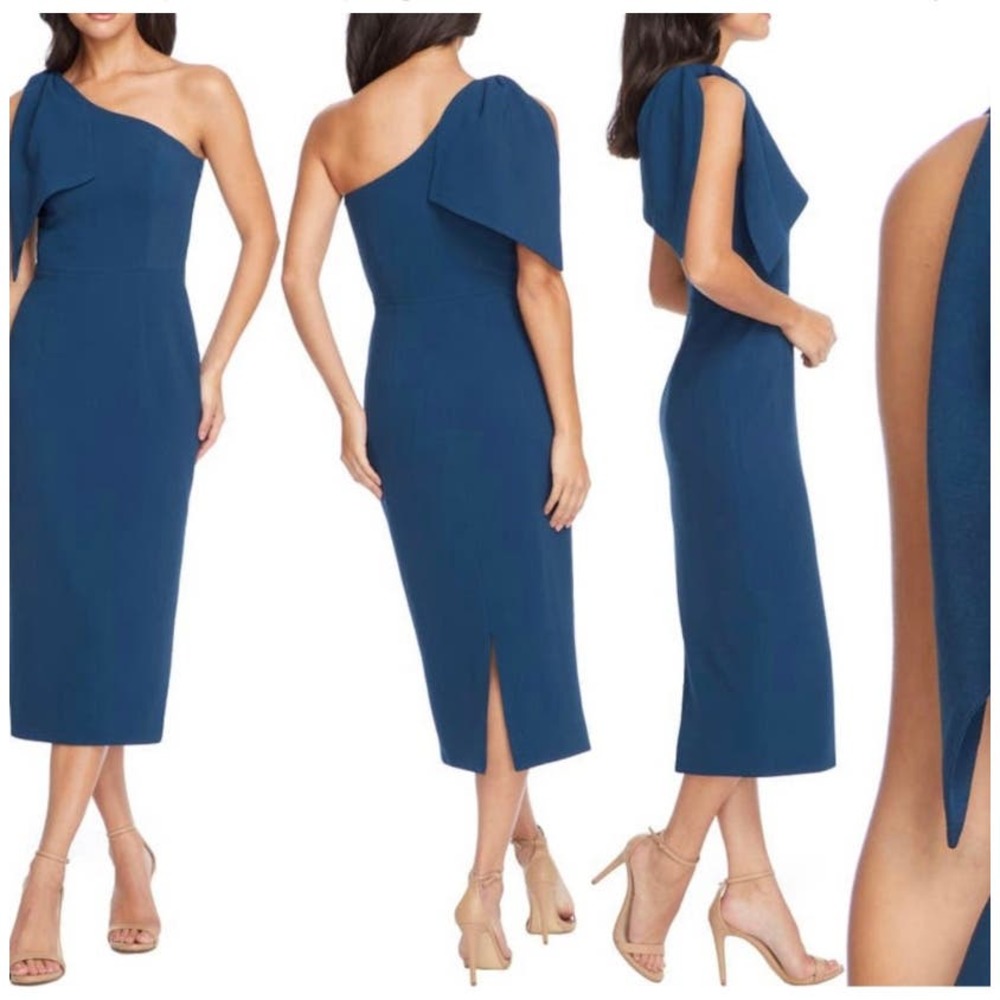 Dress the Population Tiffany One Shoulder Bow Dress MIDI Peacock Blue Small NWT